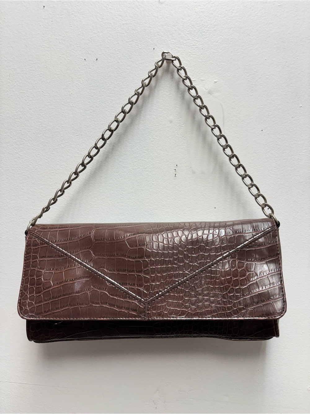 Croc-Embossed Brown Chain Shoulder Clutch